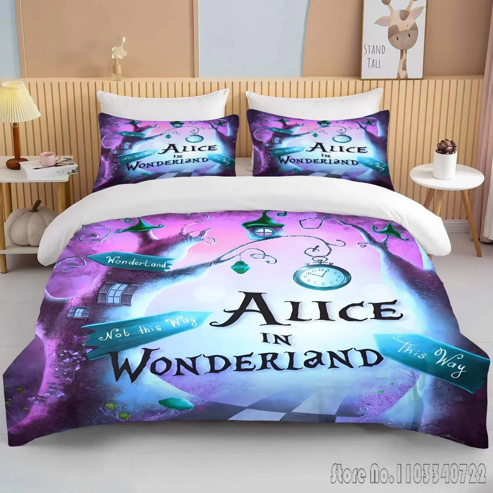 

Alice in Wonderland Printed Soft Bedding Set Duvet Cover Anime Quilt Adult Kids Birthday Gift Full Size Queen Bedding Set