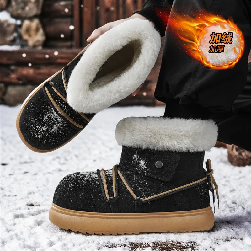 Man Snow Boots Concise Style Plush Chunky Winter Woman Short Boot Solid Color Slip-on Unisex Outdoor Round Head Cotton Shoes