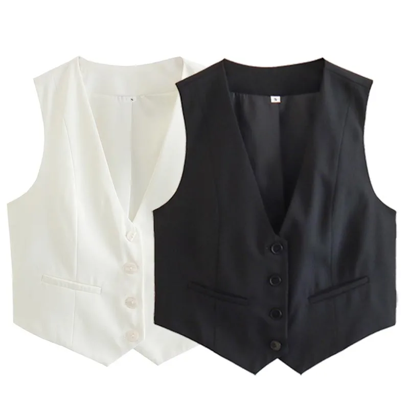 HXAO Cropped Vest Women V-Neck Sleeveless Waistcoat 2024 Fashion White Black Single-Breasted Vest Chic And Elegant Ladies Gilets