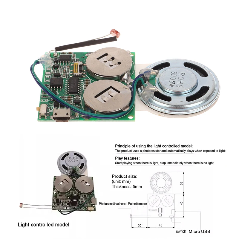 Recordable Sound Module Button/Light Control Sound Module USB Downloadable Sound Module For DIY Christmas Birthday Crafts