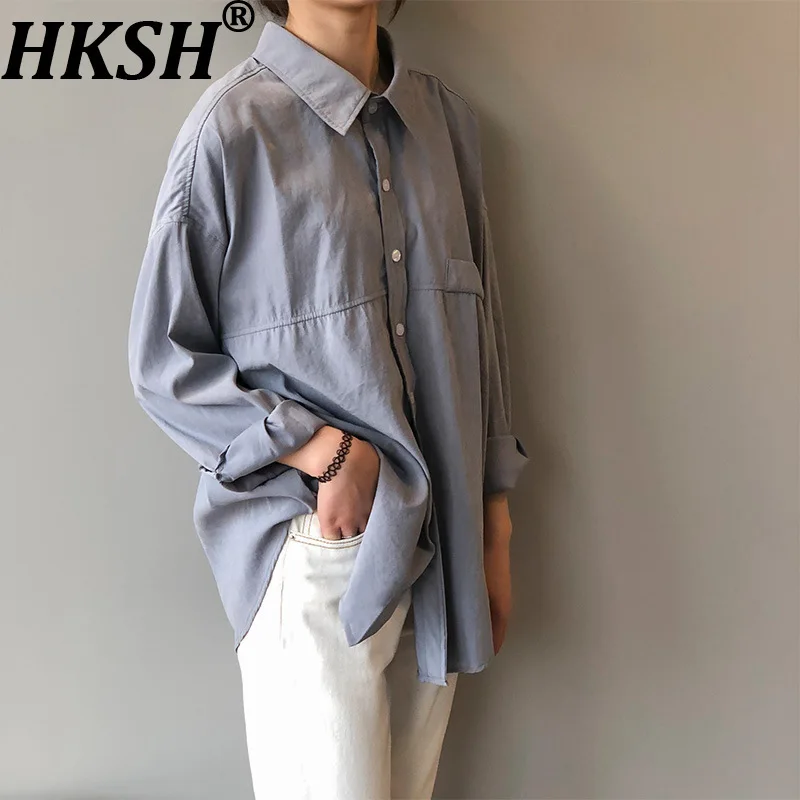

HKSH Spring Autumn New Women's Shirt Turn-down Collar Long Sleeve Single Breasted Solid Color Elegant Tide Casual Blouse HK13656
