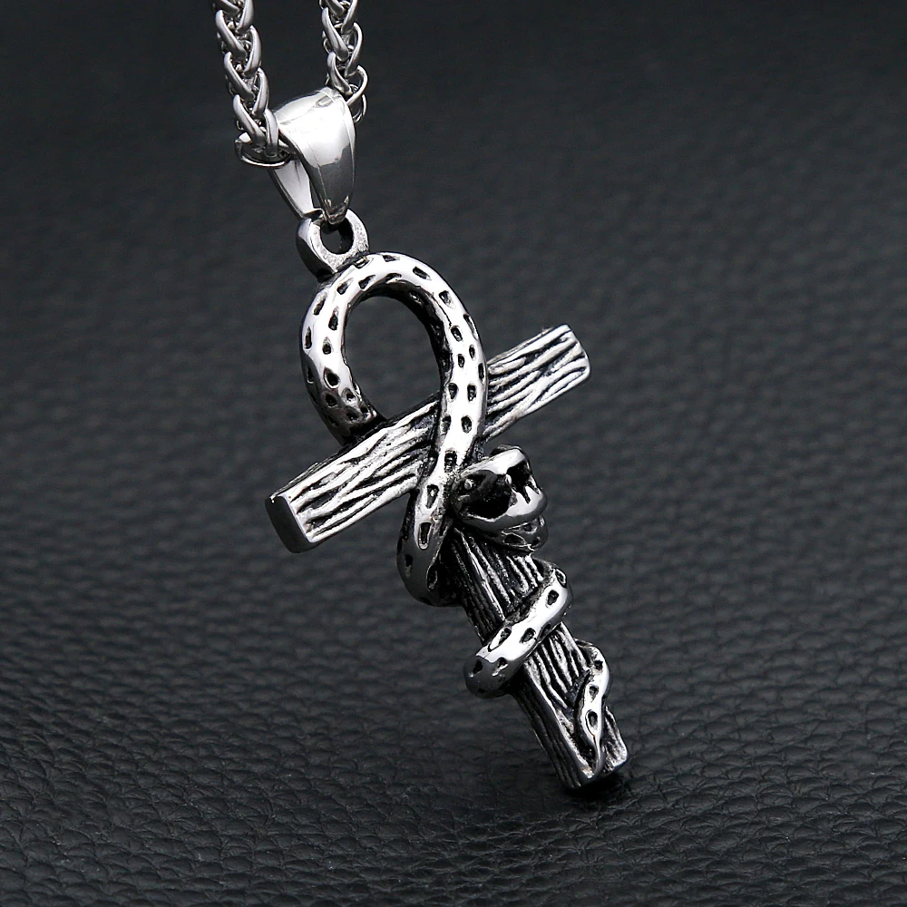 Vintage Punk Snake Cross Pendant Stainless Steel Anka Necklace For Men Women Fashion Unique Amulet Jewelry Gifts Dropshipping