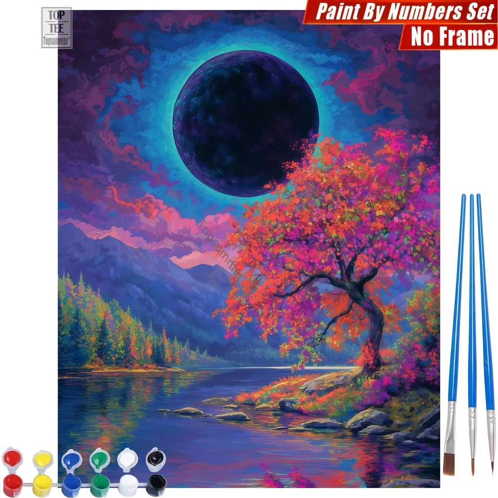 

Набор цифровых масляных красок Giant Planet Night - Planet Lake Trees, творческий набор для всей семьи, подарок на День матери для жены