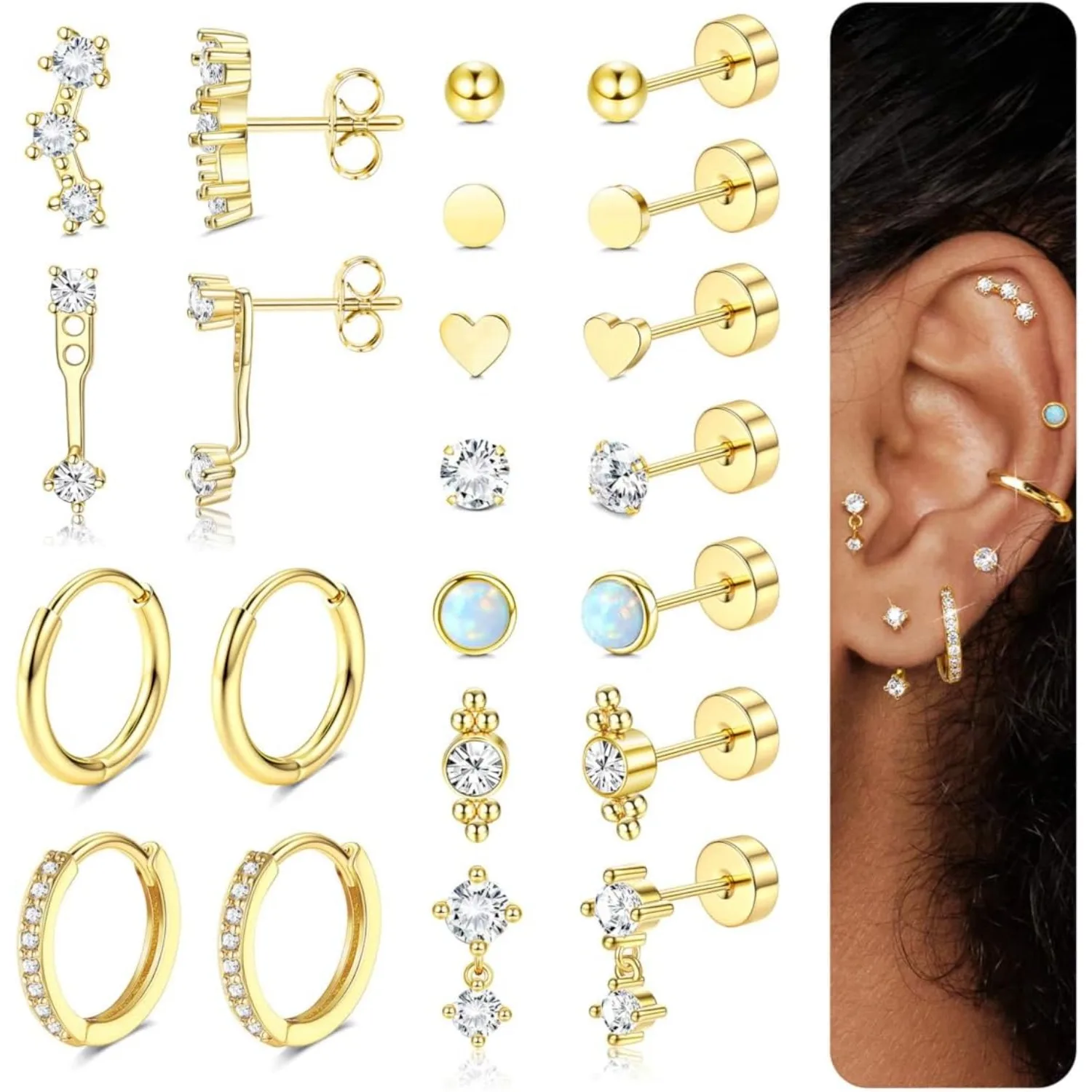 

Bobisty Flat Back Stud Earrings for Women Trendy Surgical Steel Earrings 14K Gold Plated Cartilage Earring Set Stacks Piercing