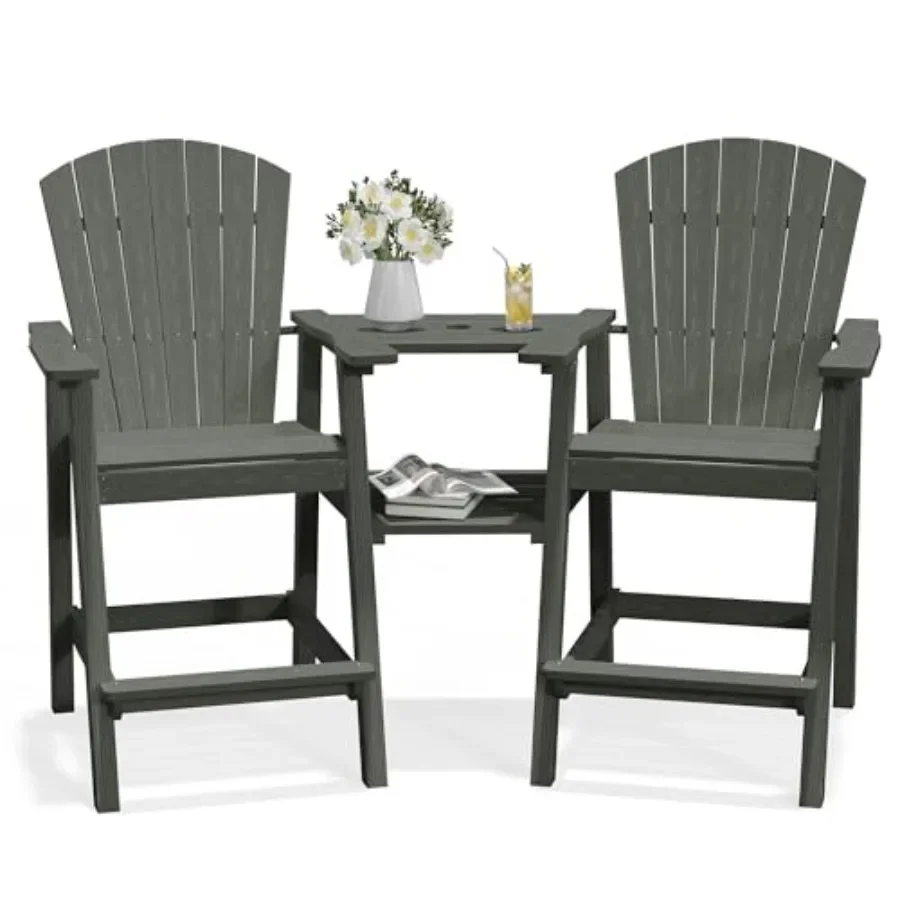 Outdoor tall Adirondack chairs set of 2, polywood material, classic gray, weather-resistant with double connecting trays