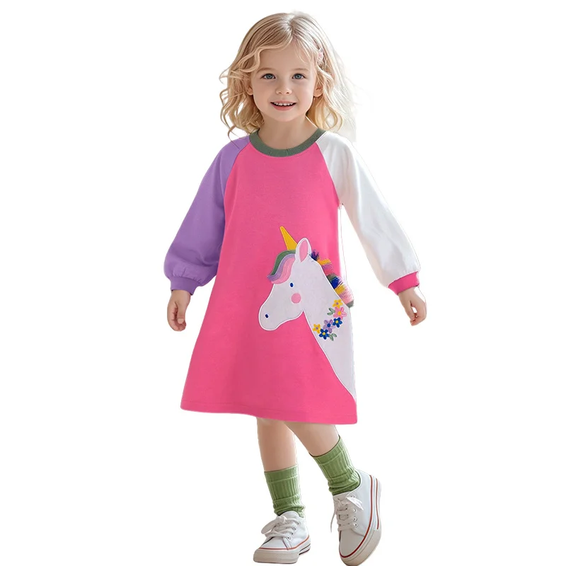 

Jumping Meters 2-7T Horse Applique Princess Girls Dresses Autumn Spring Fashion Kids Cotton Clothes O-neck Toddler Cute Frocks