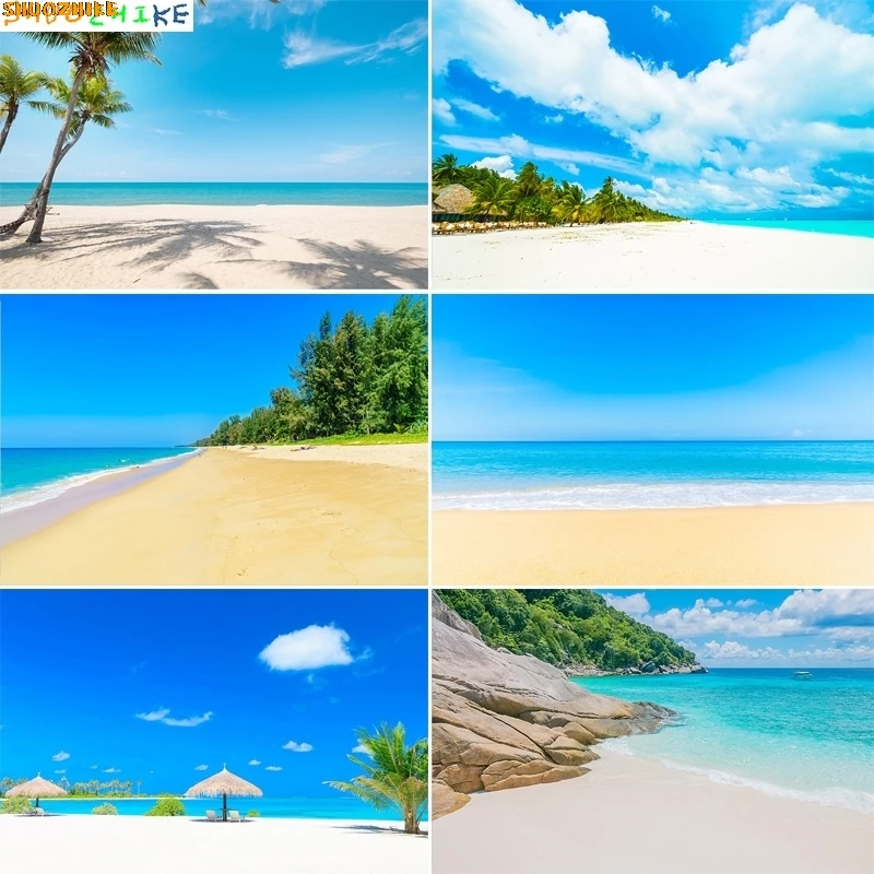 

Tropical Beach Sea Ocean With White Cloud Blue Sky Photography Backdrops Sandy Palms Trees Island Maldives Background BU-03
