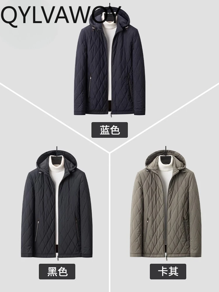 AYUNSUE Autumn Winter Hooded Cotton Coat Men's Mulberry Silk Middle-Youth Dad's Outfit Outerwear Thickened Padded Jacket LJ2578