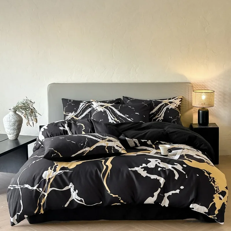 New simple and high-end skin-friendly abrasive four-piece marble pattern black quilt cover bedding
