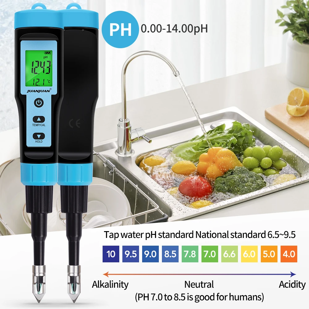 Food PH Meter 0.00~14.00pH Temp pH Tester with Stainless Steel Probe Acidity Analyzer for Meat Canning Cheese Dough Water Fruit