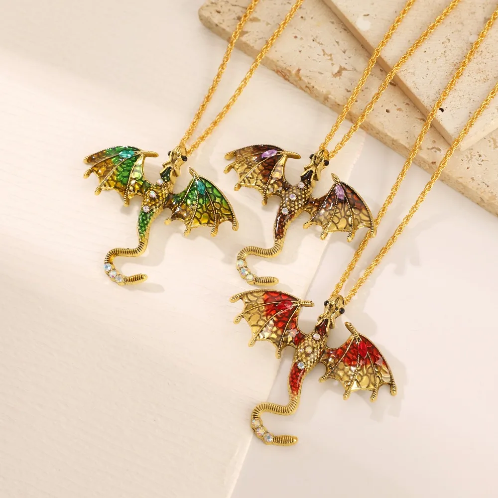 Vintage Gold Tone Rhinestone Inlaid Colorful Enamel Flying Dragon Pendant Necklace for Men Women Hip‑Hop Fashion Couple Jewelry