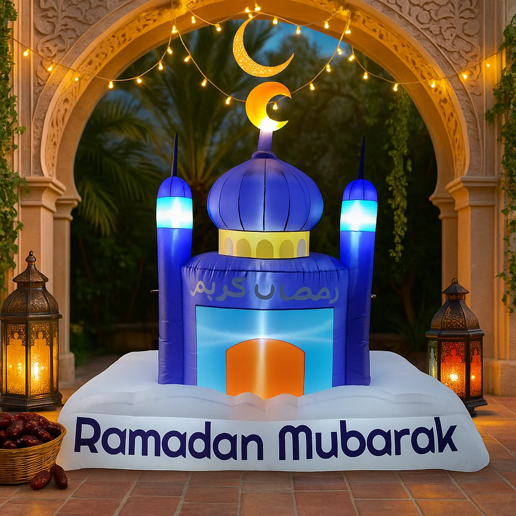 7FT Inflatable Toys Eid Mubarak Purple Dome Inflatable Mosque Decor LED Light Crescent Islamic Ramadan Inflatable For Yard