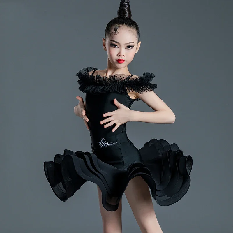 Children'S Latin Dance Dress Professional Dance Training Costumes Girls Black Tops Skirts Suit Rumba Latin Dance Wear DN11776