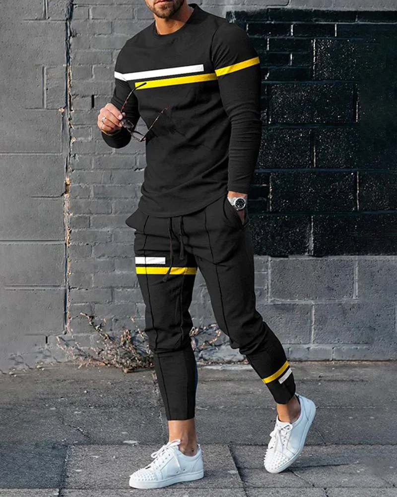 Summer Fashion Tracksuit Set For Men Striped Print 2 Piece Outfit Long Sleeve T Shirt Trousers Sport Suit Oversized Clothes