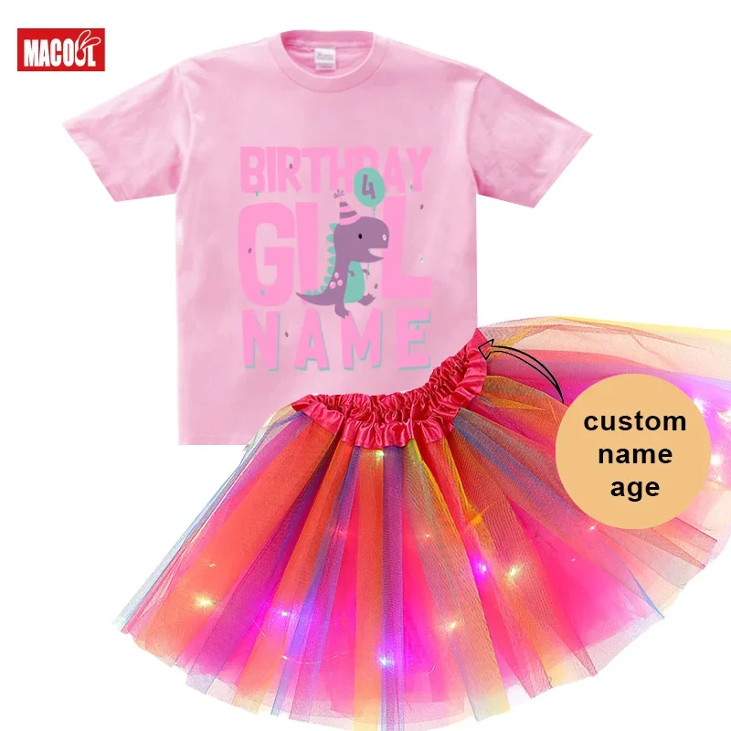 2024 Birthday Princess Party T Shirt Dinosaur Set Girl Birthday Outfits Tutu Princess Set Dress+T Shirt 2-9 Years Luminous Skirt