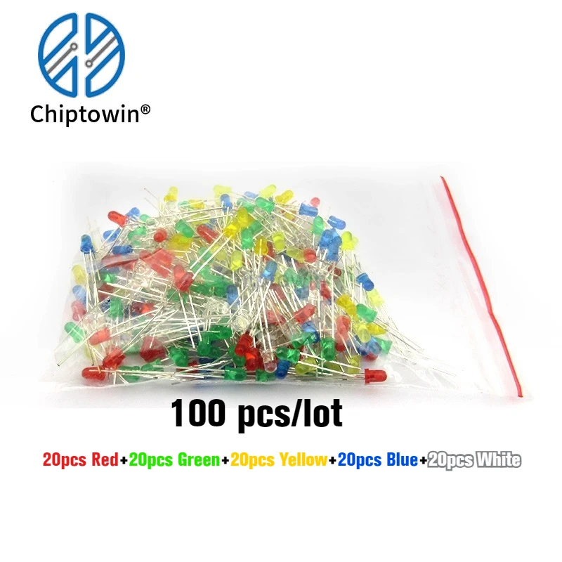 100 pcs High Quality 3mm LED Light Emitting Diode F3 Red Green Yellow Blue White DIP Lamp Bead  5 kinds, 20 pieces each