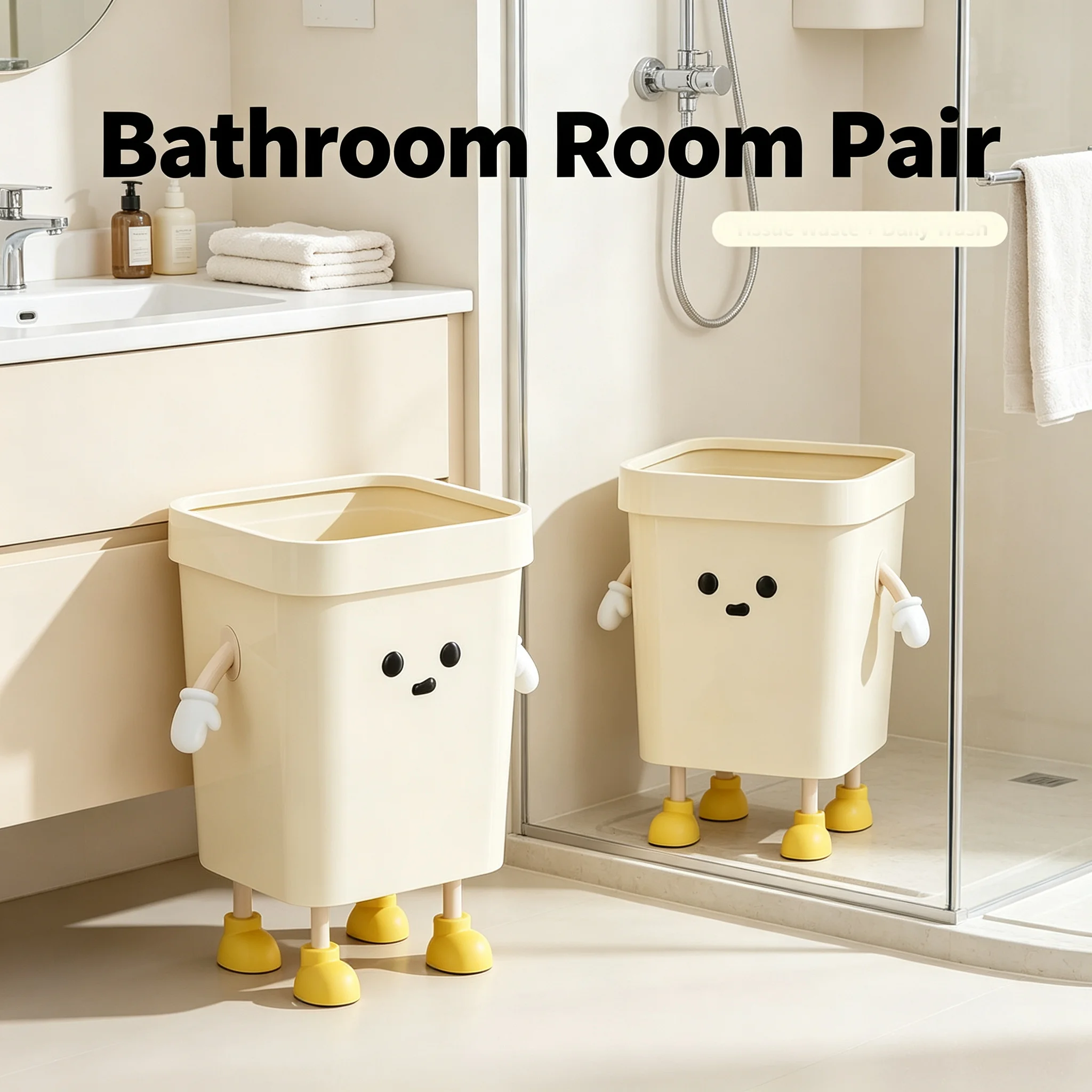 2 Pack 16L Cartoon Standing Square Trash Can, Press Ring Design Waste Bin, Large-Capacity Cute Garbage Bucket for Kitchen, Living Room & Kids Room