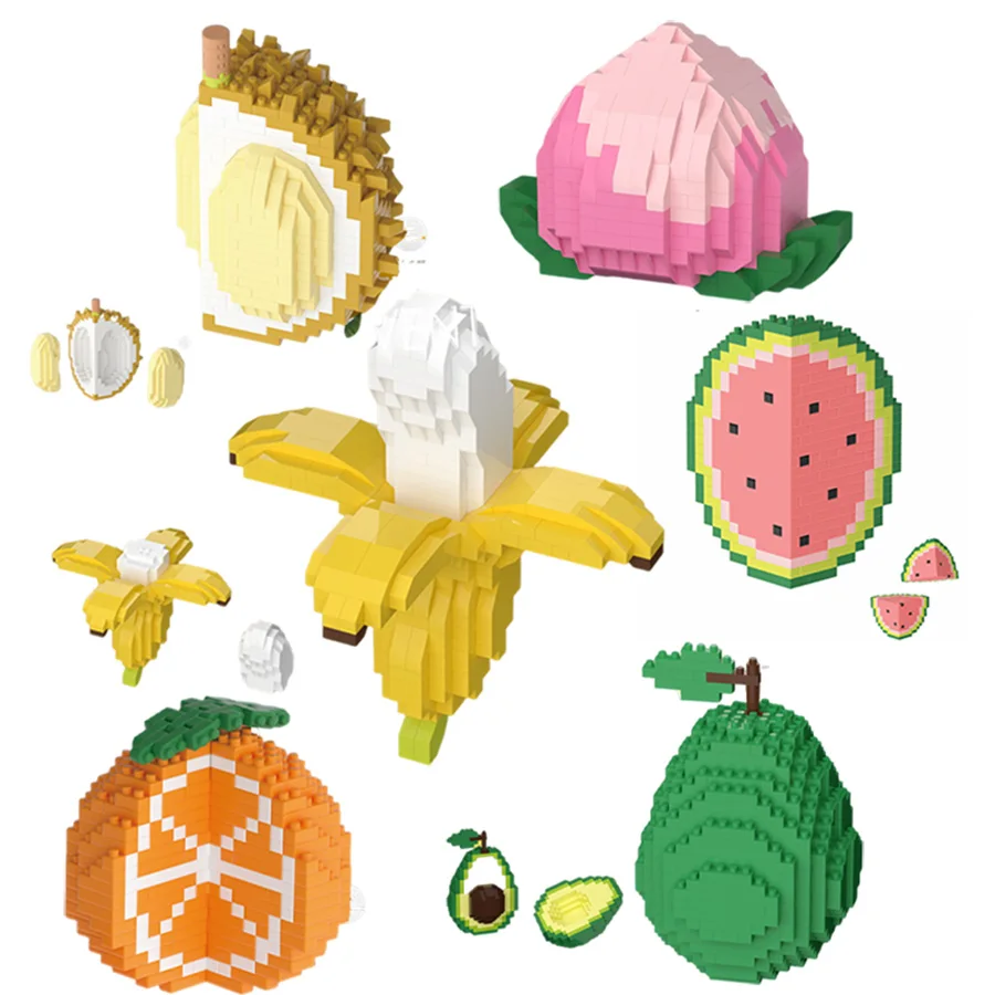 A set of six fruit blocks. Happy Food Play series three-dimensional food. Building block assembly toys, table decoration.