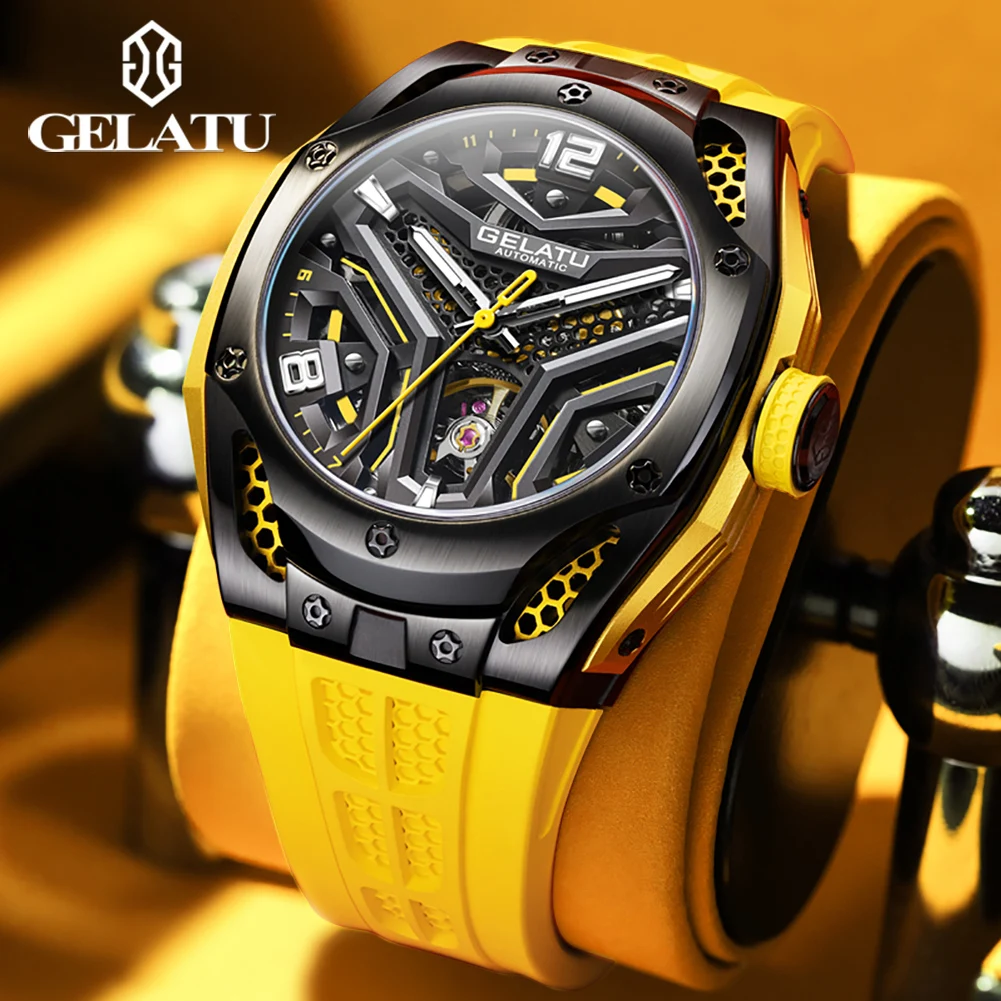 GELATU Sports Luminous Tourbillon Mens Watch Top Brand Luxury Watch Men Automatic Mechanical Skeleton Clock Reloj Hombre