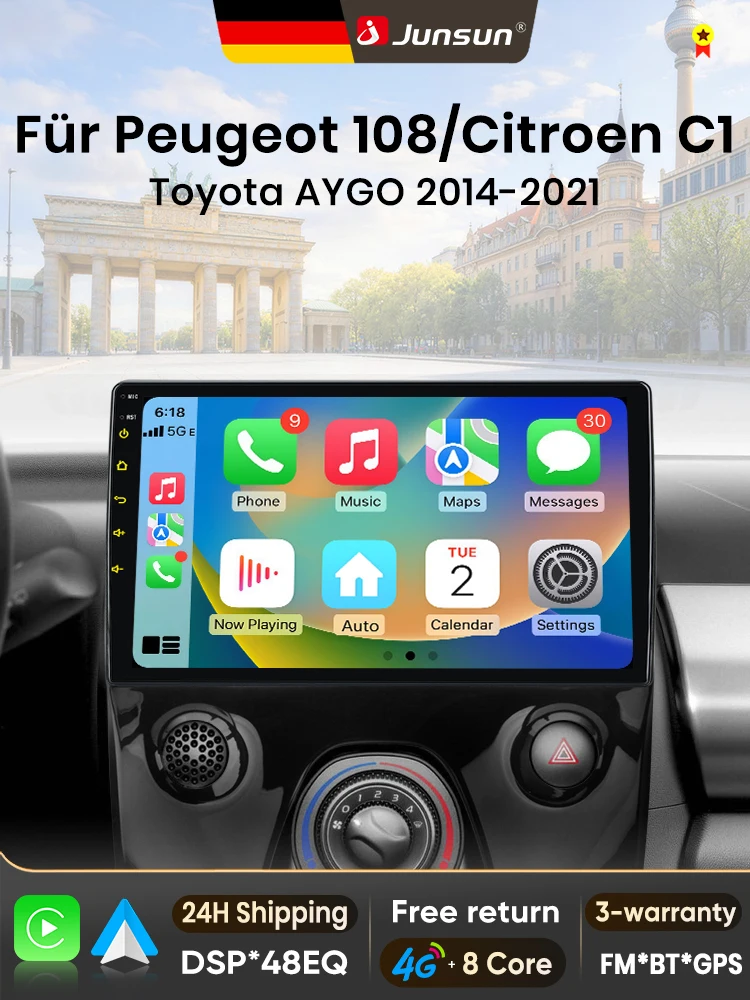 Junsun Android 15 autoradio voor Peugeot 108 2014-2021, Citroen C1 2020, Toyota Aygo 2015, draadloos Apple CarPlay, autoscherm, stereo, multimediaspeler, video, automotive smart intelligent systemen, - afbeelding 2