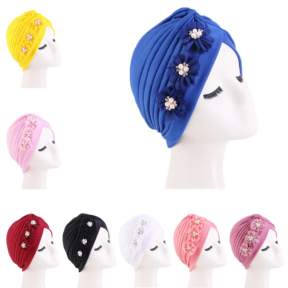 

Flower Hijab Turban Headwear for Women Pleated Chemo Caps Muslim Headscarf Bonnet Inner Hat Cancer Arab Femme Head Wraps Indian