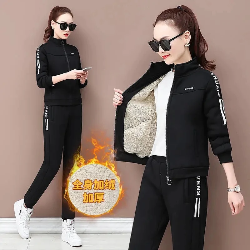 Sweatsuit casual quente para mulheres, pantsuit jogging, treino forrado de lã grossa roupas de inverno conjunto de 2 peças