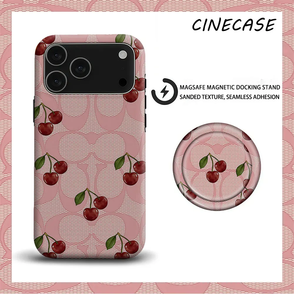 Funda Rosa de Malla con Diseño de Cereza 2 en 1 Mate para MagSafe con PopSocket Integrado para iPhone 17 16 15 14 13 Pro Max