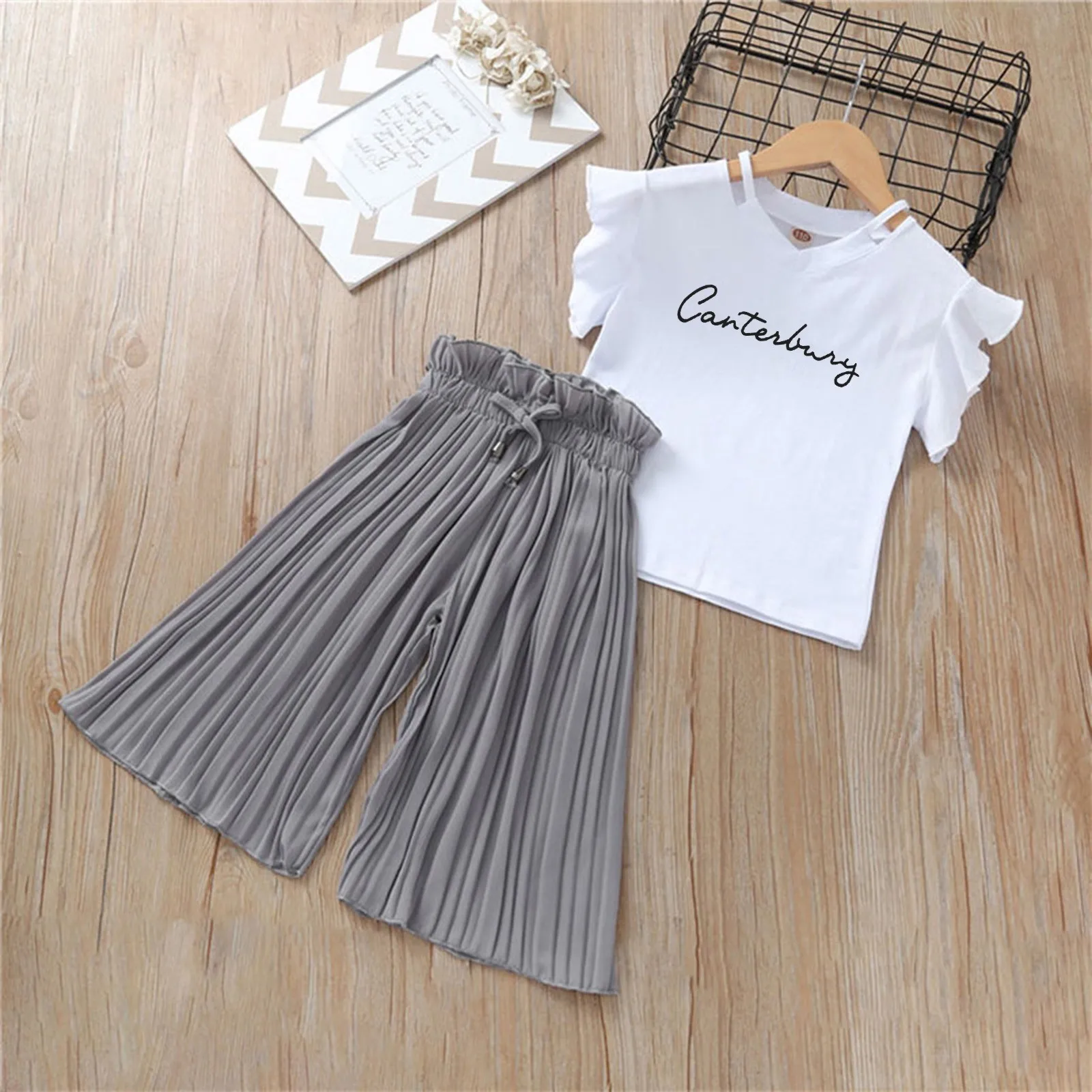 

New Fashion Baby Girls Clothes Sets Summer Short Sleeve + Wide Leg Pants Children Clothing Kids Outfits Teen 5-12 Years 2024