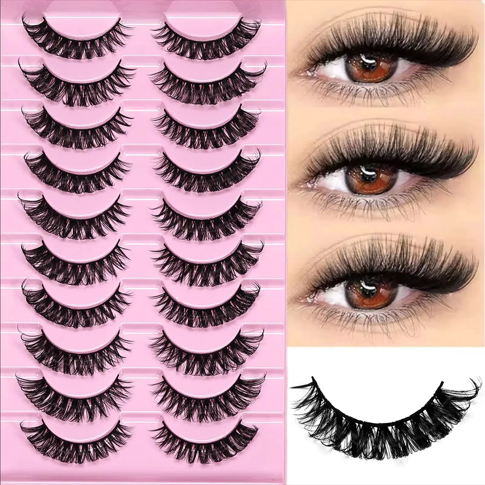 10 Pairs Fluffy D Curl Russian Strip Lashes Dramatic Cat Eye False Eyelashes Volume Makeup Long Lasting Comfortable Wear