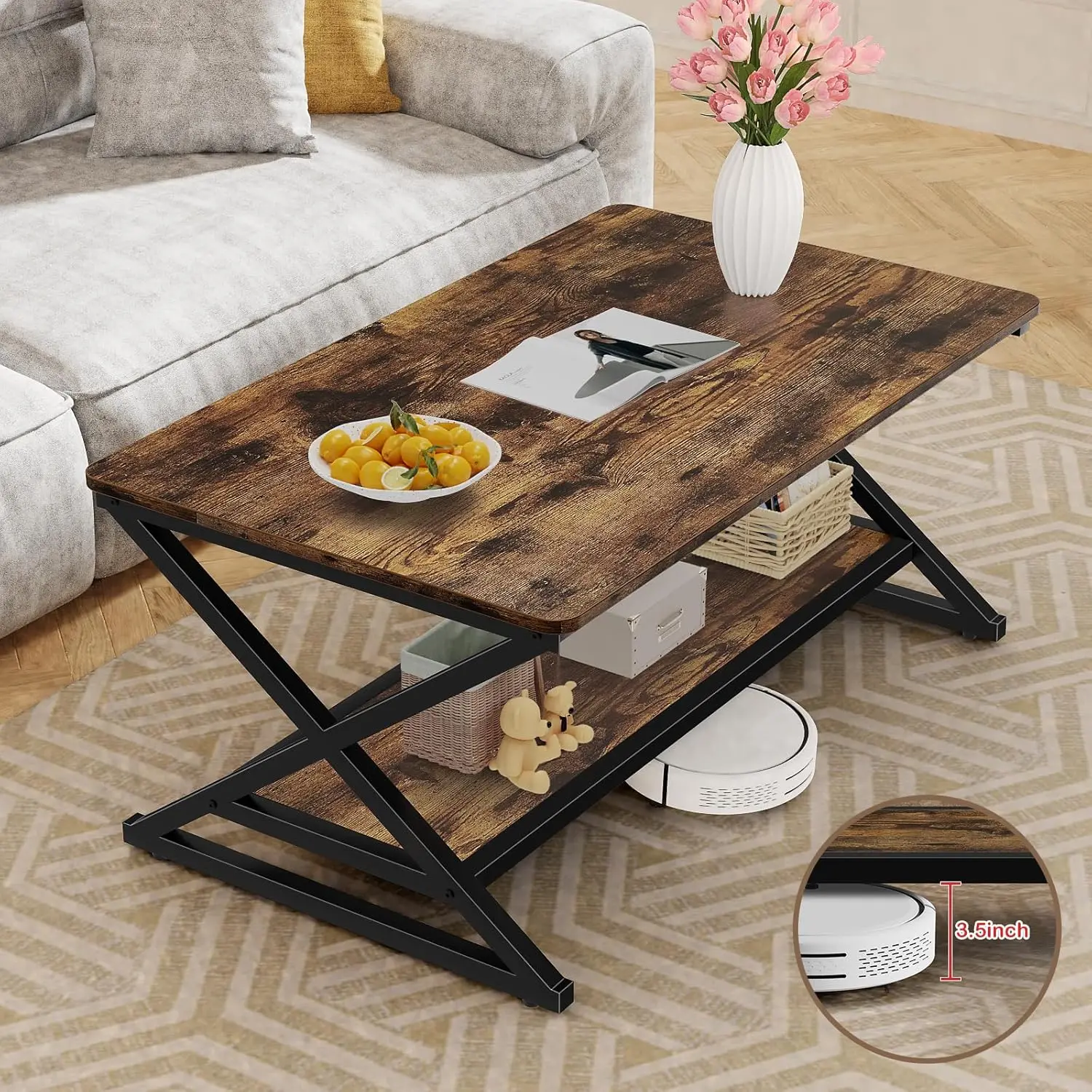 39 Inch Rustic Industrial Coffee Table - 2-Tier Rectangle Farmhouse Minimalist Table with Storage Shelf & Round Corners