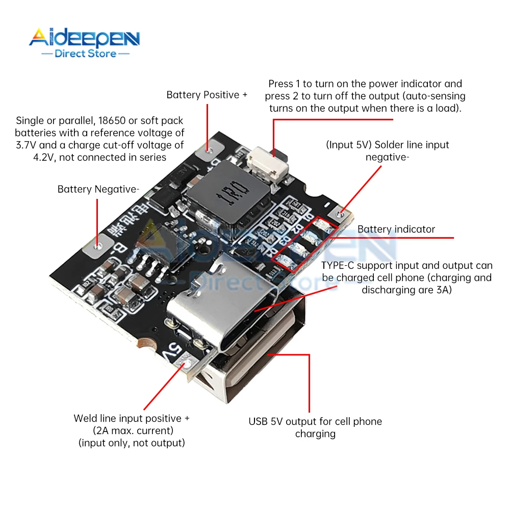 High-precision 5V 3A Charge-discharge Integrated Module Type-C/Micro USB Input Compatible With 3.7V 4.2V lithium Battery