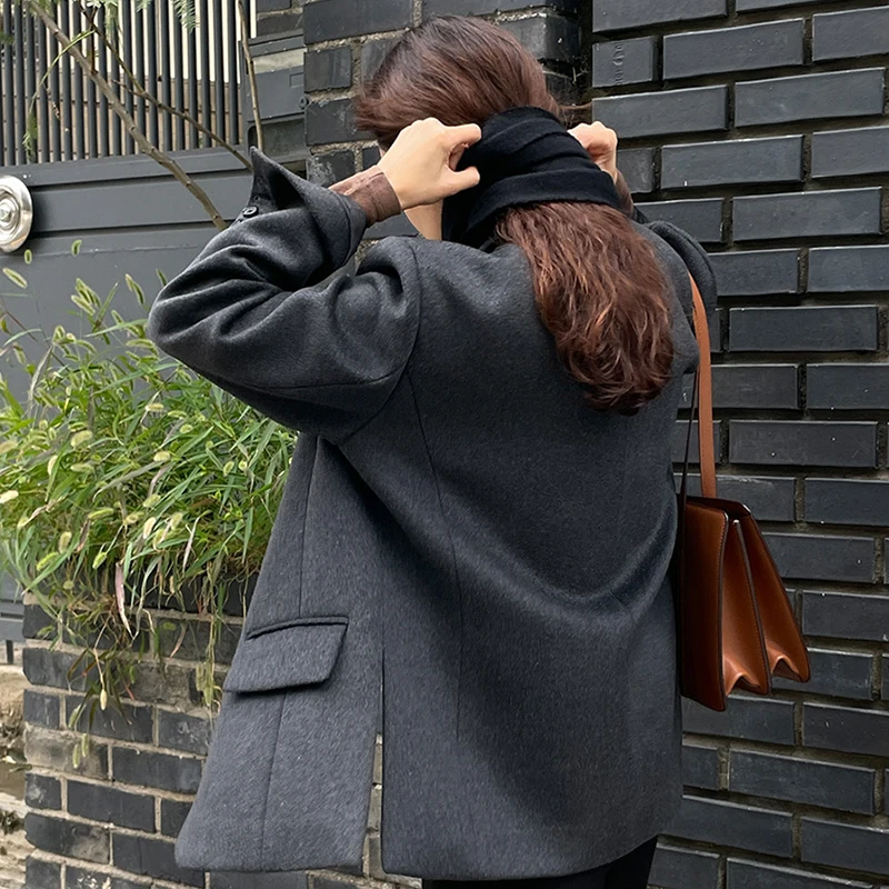  de Lã Cinza Carvão E Outono Inverno Vintage Sensação de Alta Qualidade Corte Solto com Um Botão Casaco Versátil...