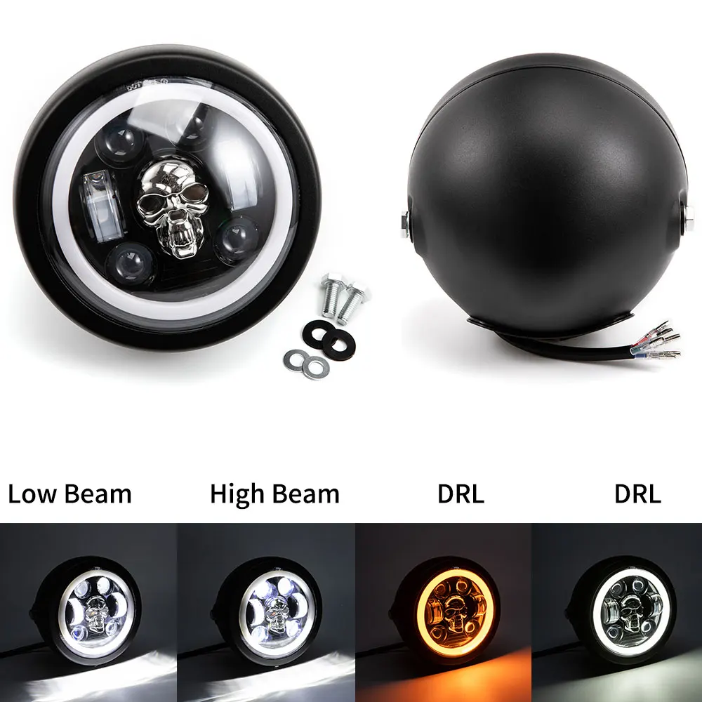 

6.5 Inch Motorcycle LED Headlight Skeleton Skull Pattern Headlamp with High/Low Beam Turn Signal DRL Colorful Angle Eye Light