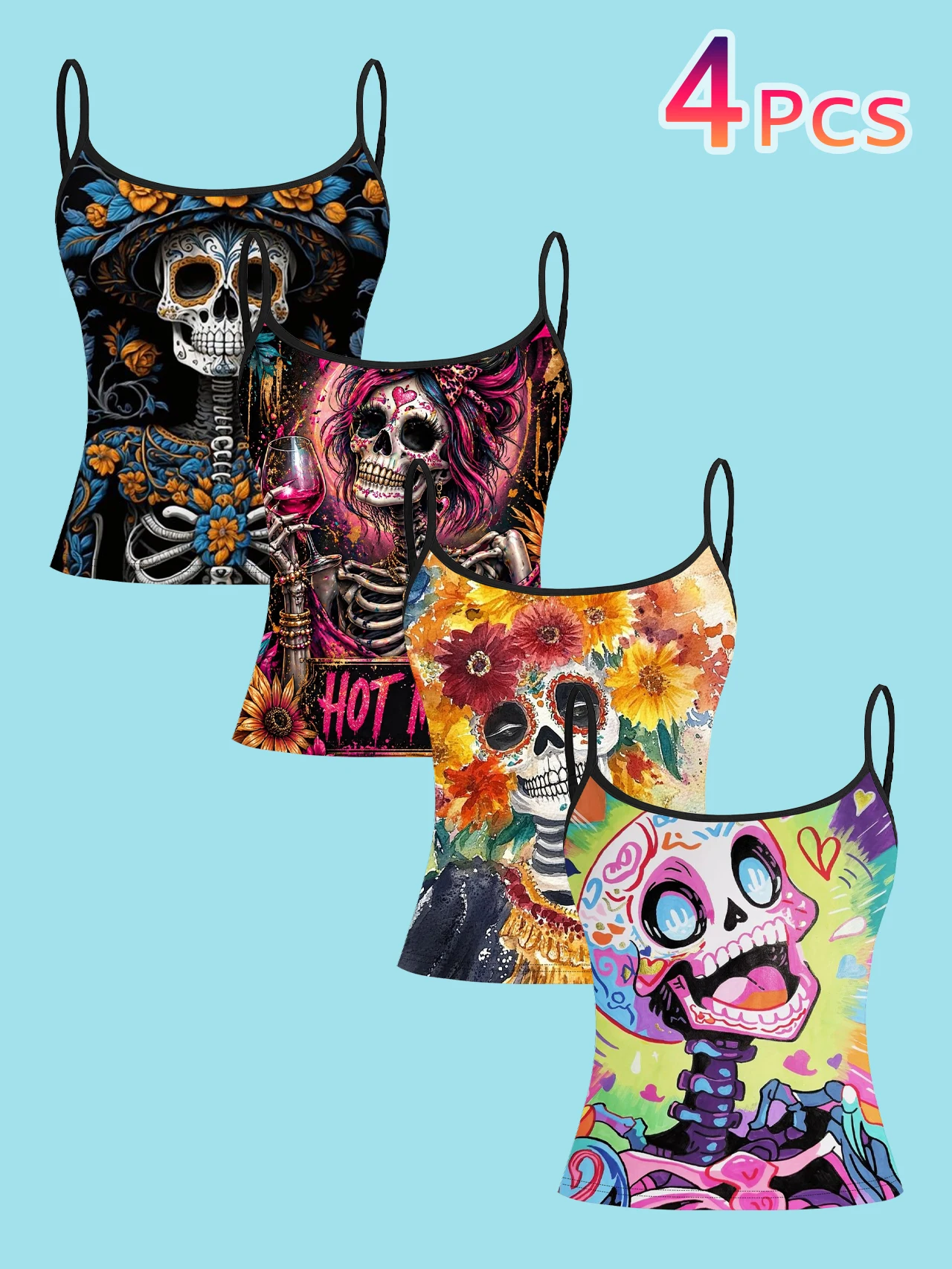 4-Piece Set of Mexican Day of the Dead Colorful Sugar Skull Floral Print Camisole for Women, Unique Artistic Spaghetti Strap Slim-Fit Inner Top