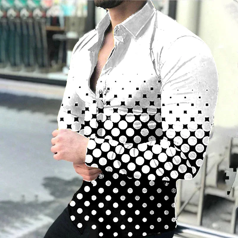 

2024 Spring Men's Casual Long Sleeve Shirt Single Breasted Digital 3D Printed Polka Dot Lapel Shirt 6XL Party Shirt 14 Colors