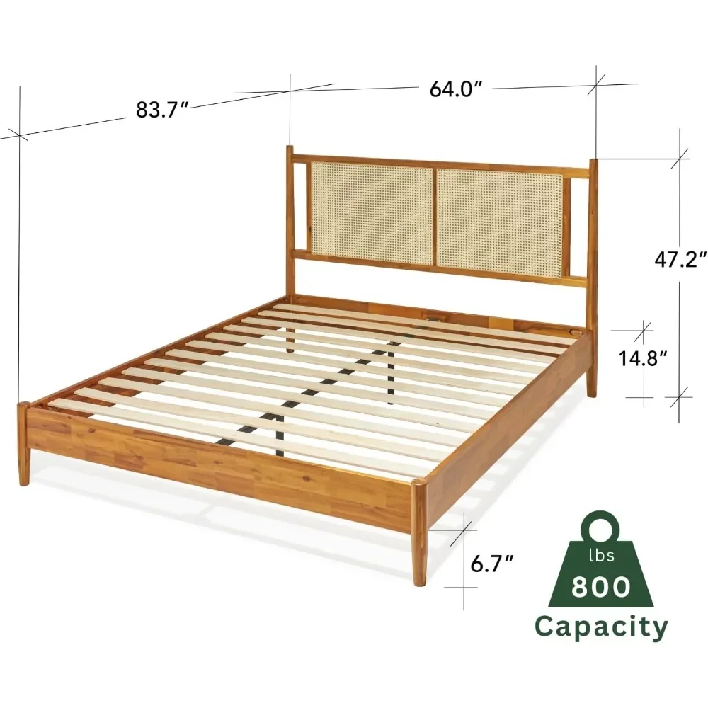 15-Inch Signature Design with Rattan Headboard, Bohemian and Mid Century Style, 12-Slat Wood Support, No Box Spring Needed