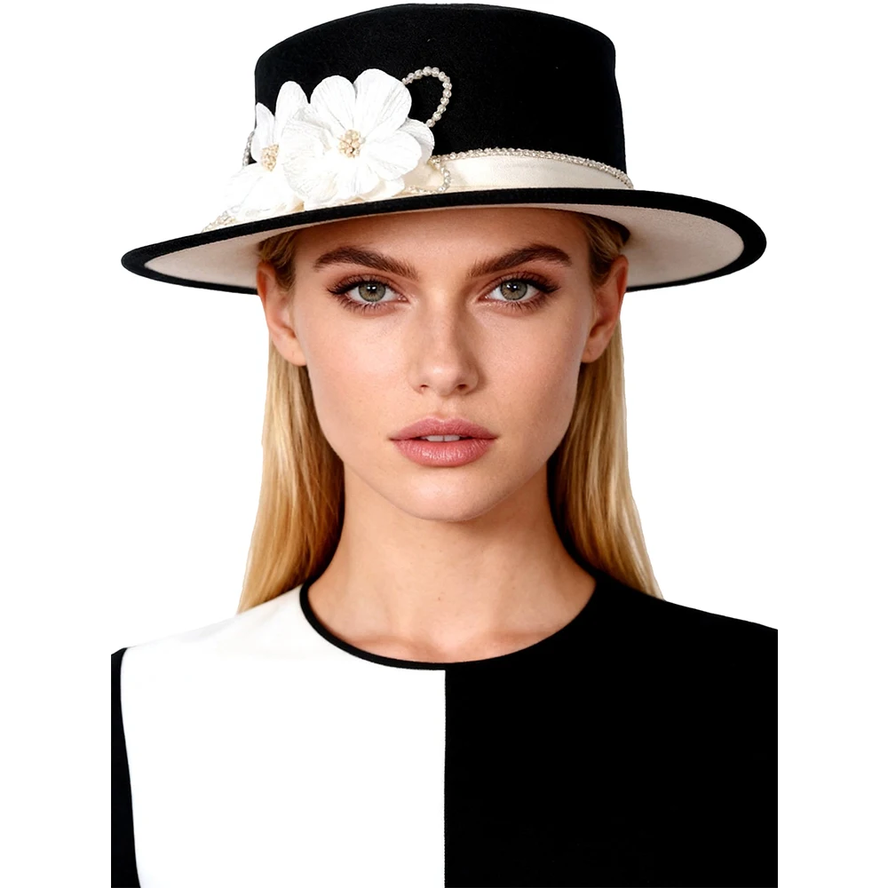 FS Elegant Black White Fascinator Hats For Women Luxury Tea Party Top Hat Summer Wide Brim Wool Cap With Flower Chapeau Femme