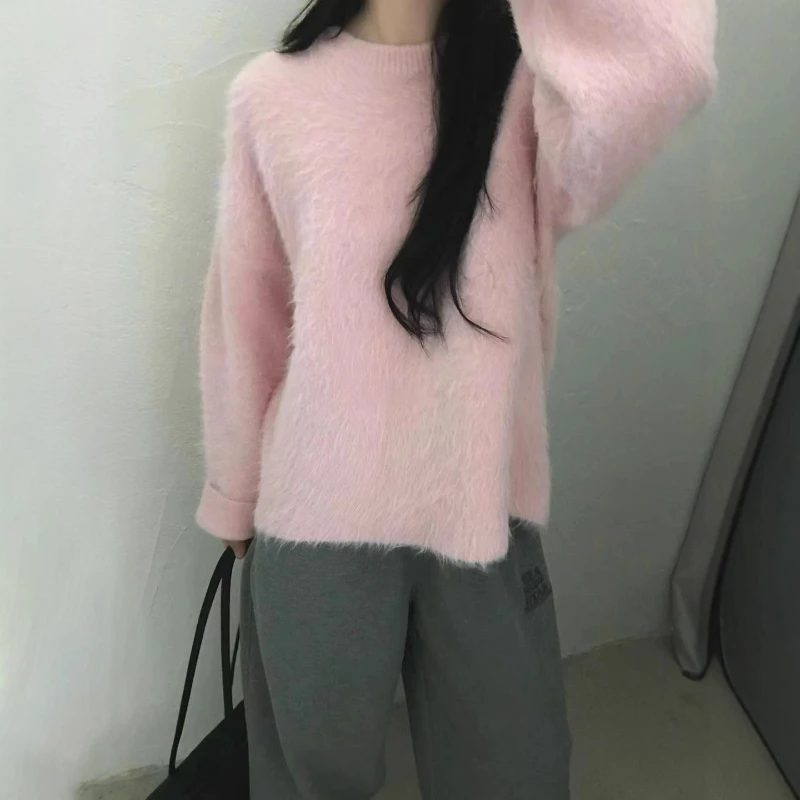 

2025 Sweet Plush Knit Sweater Women O-neck Pulover Top Autumn Winter Warm Oversized Korean Fashion Long Sleeve Pullovers Tops