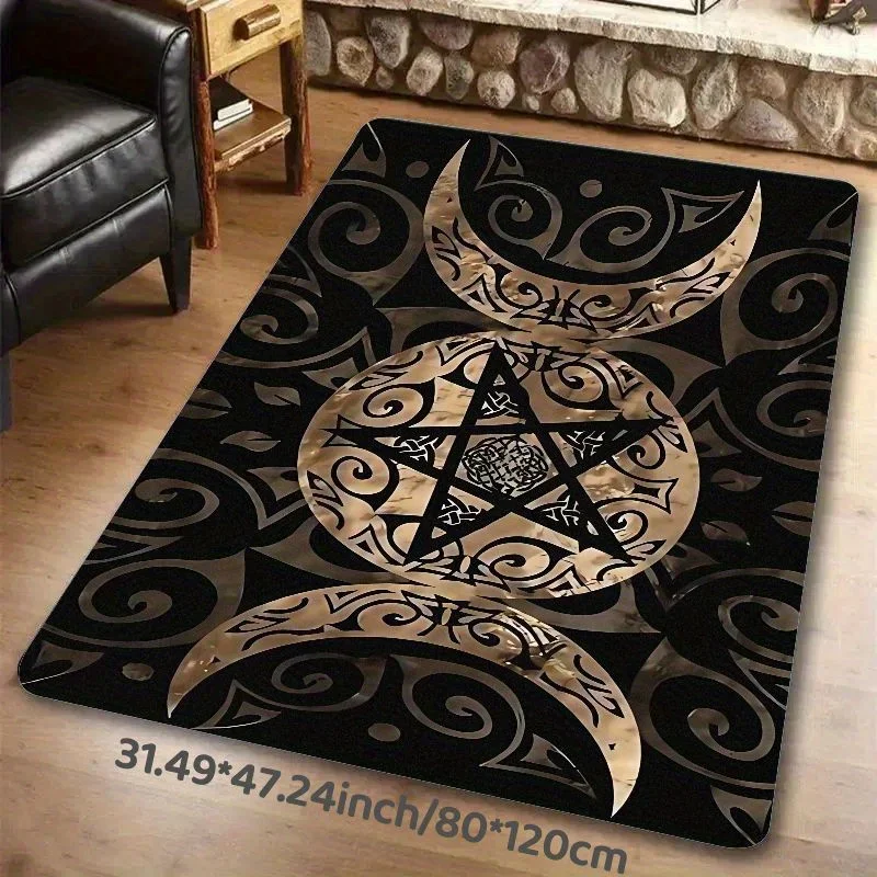 Flannel Printed Pentagram Rug Moon Symbol Design Soft Fleece Floor Mat Living Room Carpet Occult Decor Rugs