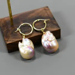 GG Natural Pink Purple Keshi Pearl Dangle Earrings 18K Gold Plated Circle Handmade Drop Earrings Lady Jewelry Gift