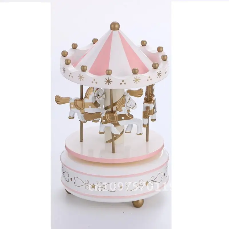 

Creative Carousel Music Box with LED Light up down European Style Handmade Wooden Decorative Ornament Pink/Blue Birthday Gift