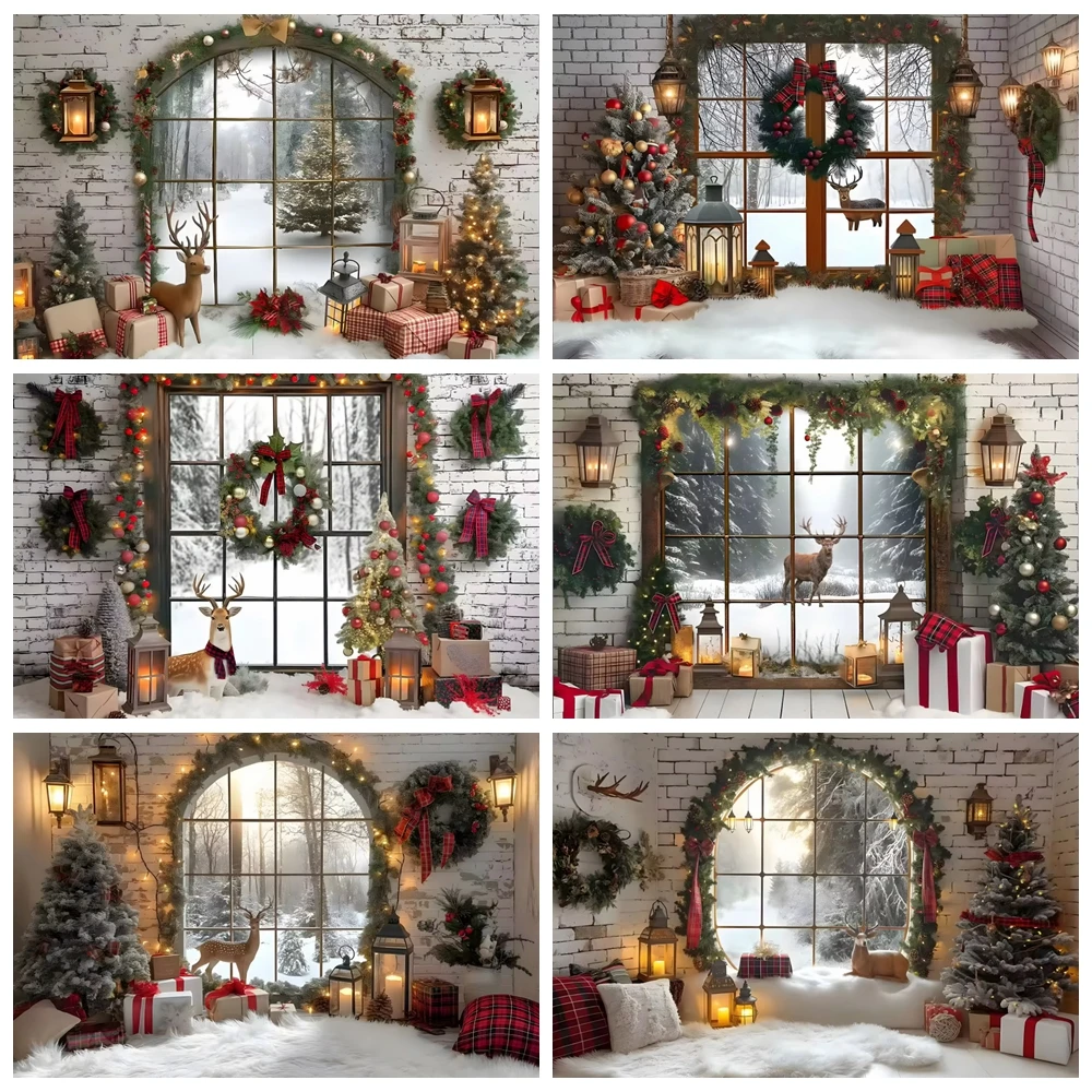 

Winter White Brick Wall Window Snow Scene Backdrops Photography Christmas Tree Elk Kids Family Portrait Background Decoration