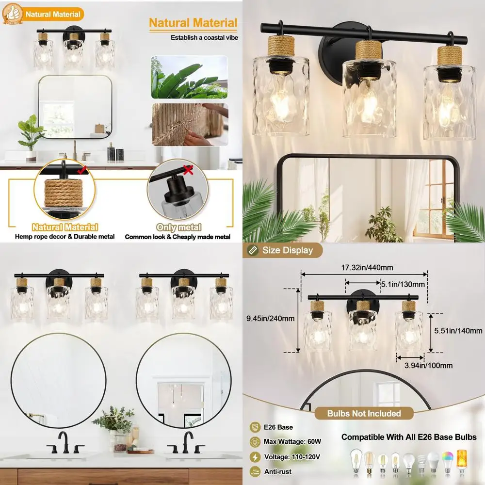 3-световые прибрежные светильники с абажурами из хрустального стекла, черный настенный светильник для ванной комнаты, зеркала, кухни и прихожей