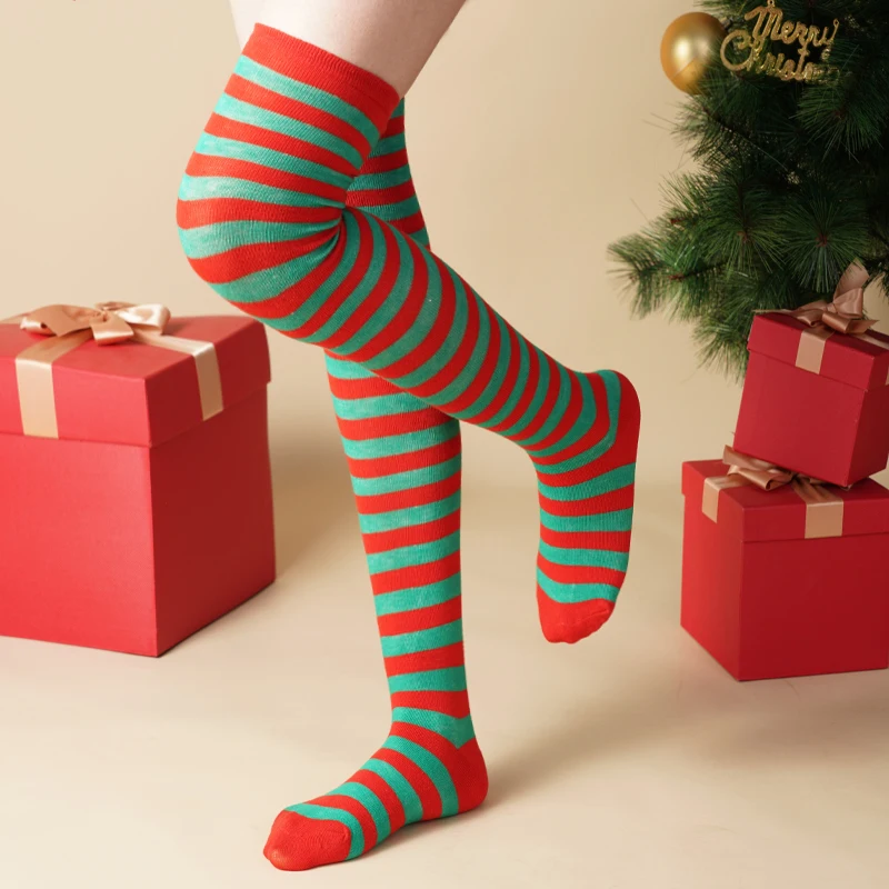 Women Christmas Red White Striped Over Knee Socks Bow Decor Thigh High Socks Holiday Cosplay Party Long Stockings