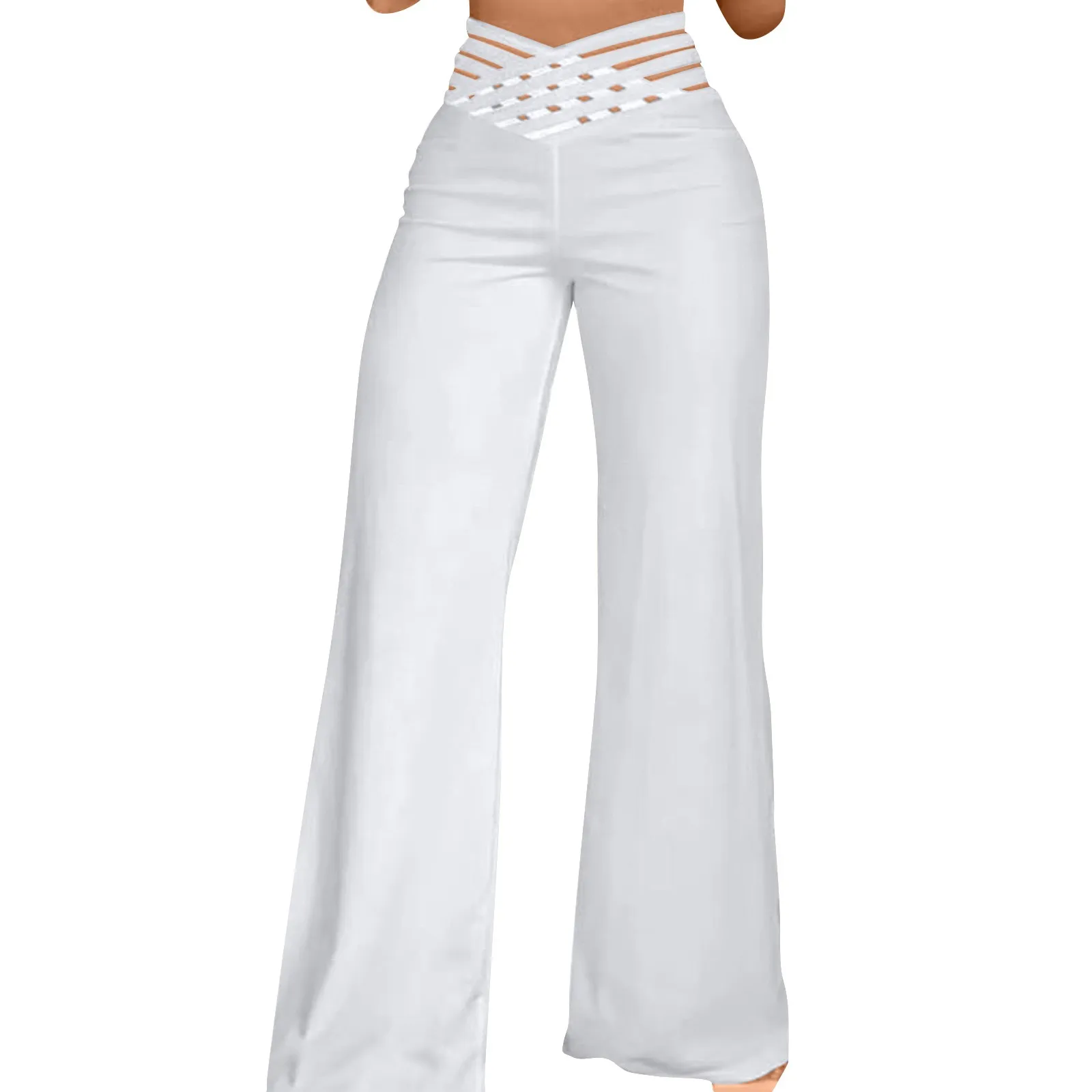 Pantalones con cinturón hueco para mujer, pantalones acampanados con temperamento a la moda para ir al trabajo, pantalones de pierna ancha informales lisos clásicos de uso diario