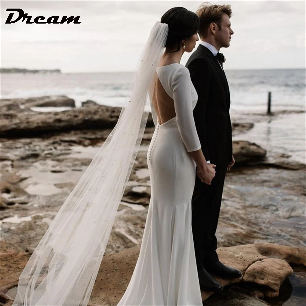 Droom 3/4 Mouwen Crêpe Zeemeermin Trouwjurk 2024 Eenvoudige Open Rug O Nek Baan Trein Elegante Bruidsjurk Vestidos De Novia