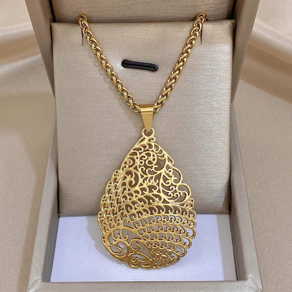 

Unique Design Golden Stainless Steel Women's Necklace Statement Retro Style Chic Hollow Pattern Droplet Shape Fashion Jewelry