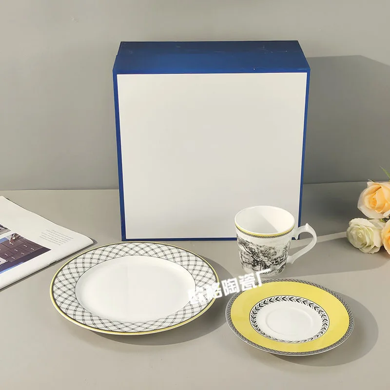 

European Bone China Illustration Style Household Western Food Plate Steak Plate Coffee Cup Plate Three-piece Combination