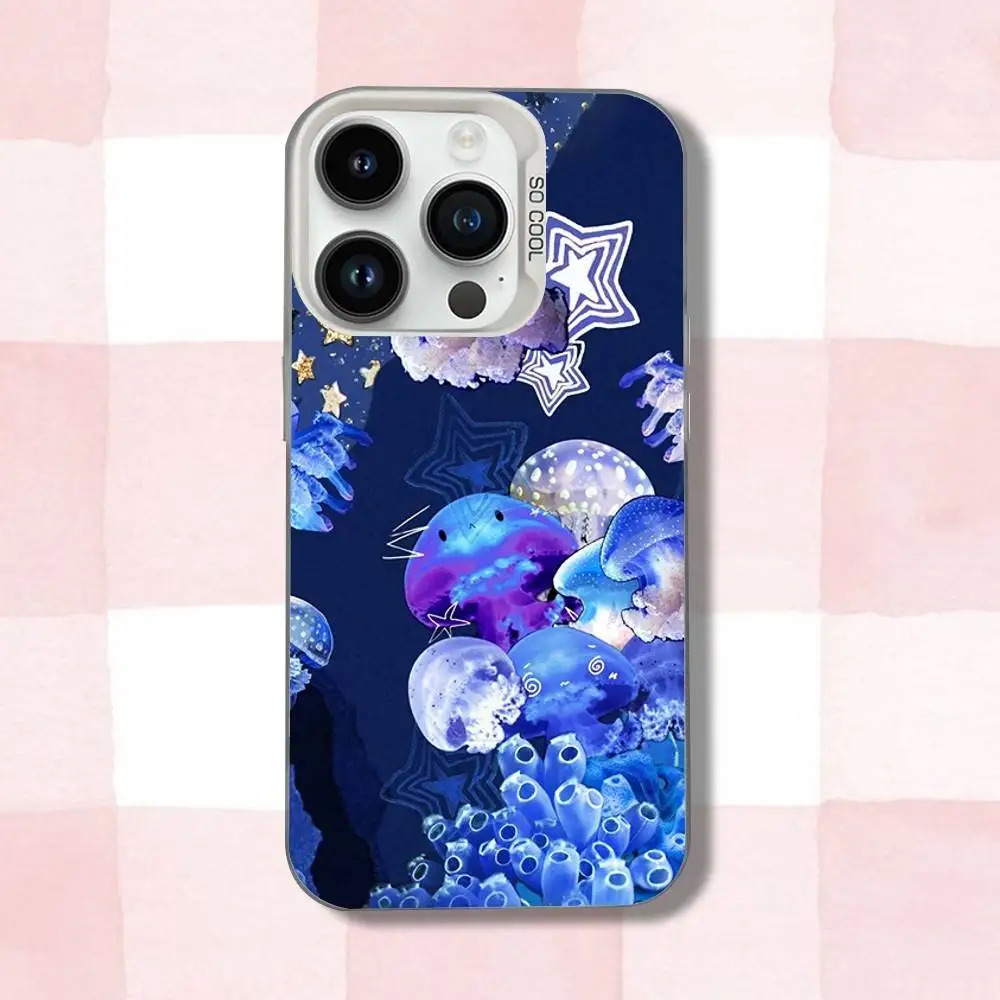 水中動物クラゲ柄 iPhoneケース iPhone 16,15,14,13,12,11,Pro,XS,Max,Plus,Mini,SE対応 ホワイト キャンディマット 耐衝撃カバー