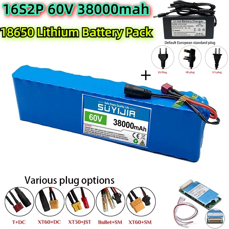 60V 16S2P 38000mah 18650 Li-ion Battery Pack 67.2V Suitable for Electric Bicycle Scooter Scooter Children's Car Built-in BMS